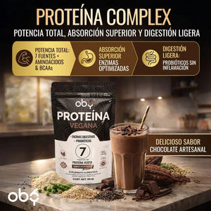 Proteina Complex Chocolate Artesanal | 7 Fuentes vegetales + Probioticos + Enzimas | Alta Absorción y Digestión Ligera Sin Lácteos | Polvo Vegana oby.mx