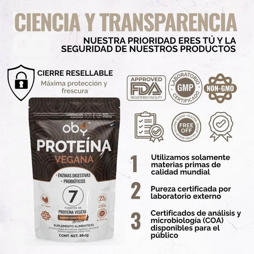Proteina Complex Chocolate Artesanal | 7 Fuentes vegetales + Probioticos + Enzimas | Alta Absorción y Digestión Ligera Sin Lácteos | Polvo Vegana oby.mx