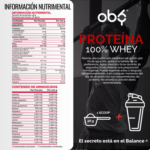 Proteína Whey con Creatina Sabor Chocolate 1.25g oby.mx