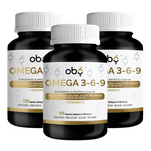 Pack de 3 frascos: OMEGA 3 6 9 + Vitamina E | 3 aceites puros: Salmon, Linaza, Olivo | OBY Omega 3-6-9, 120 softgels SIN sabor, SIN olor oby.mx