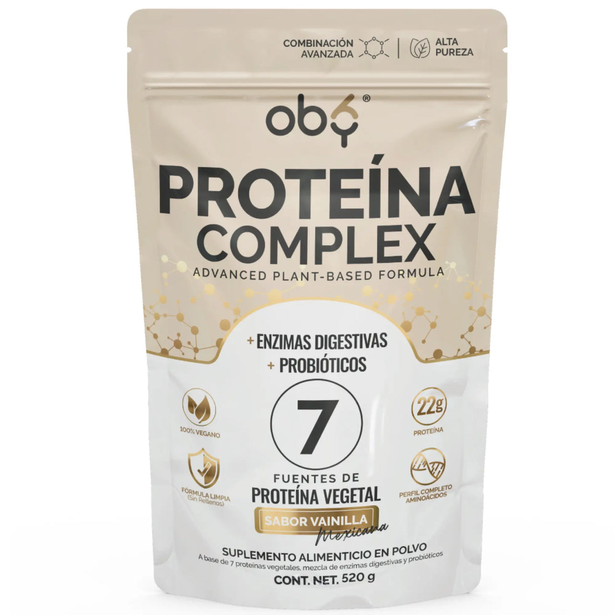 Proteina Complex Vainilla Mexicana | 7 Fuentes vegetales + Probioticos + Enzimas | Alta Absorción y Digestión Ligera Sin Lácteos | Polvo Vegana oby.mx