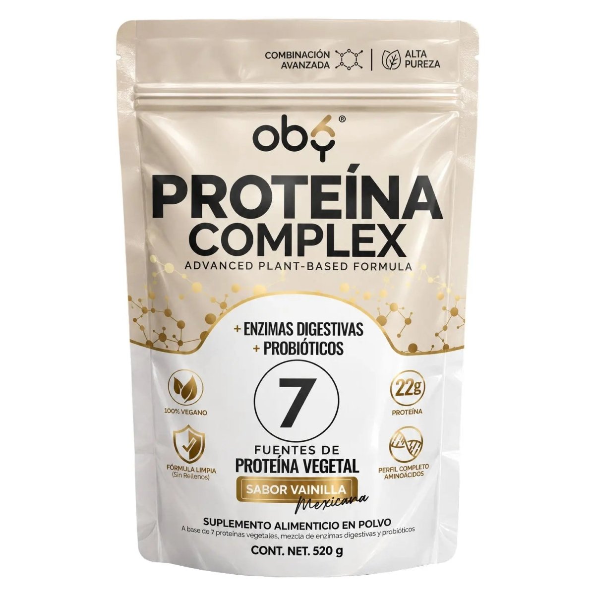 Proteína Vegana con Probióticos Sabor Vainilla 520g oby.mx