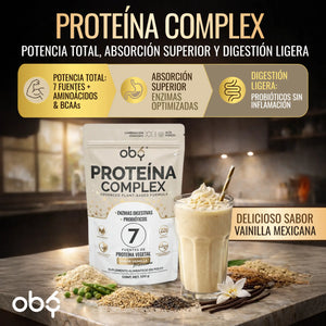 Proteina Complex Vainilla Mexicana | 7 Fuentes vegetales + Probioticos + Enzimas | Alta Absorción y Digestión Ligera Sin Lácteos | Polvo Vegana oby.mx