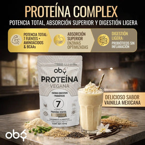 Proteina Complex Vainilla Mexicana | 7 Fuentes vegetales + Probioticos + Enzimas | Alta Absorción y Digestión Ligera Sin Lácteos | Polvo Vegana oby.mx