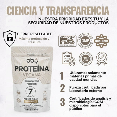 Proteina Complex Vainilla Mexicana | 7 Fuentes vegetales + Probioticos + Enzimas | Alta Absorción y Digestión Ligera Sin Lácteos | Polvo Vegana oby.mx