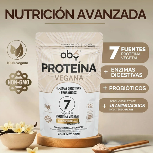 Proteina Complex Vainilla Mexicana | 7 Fuentes vegetales + Probioticos + Enzimas | Alta Absorción y Digestión Ligera Sin Lácteos | Polvo Vegana oby.mx