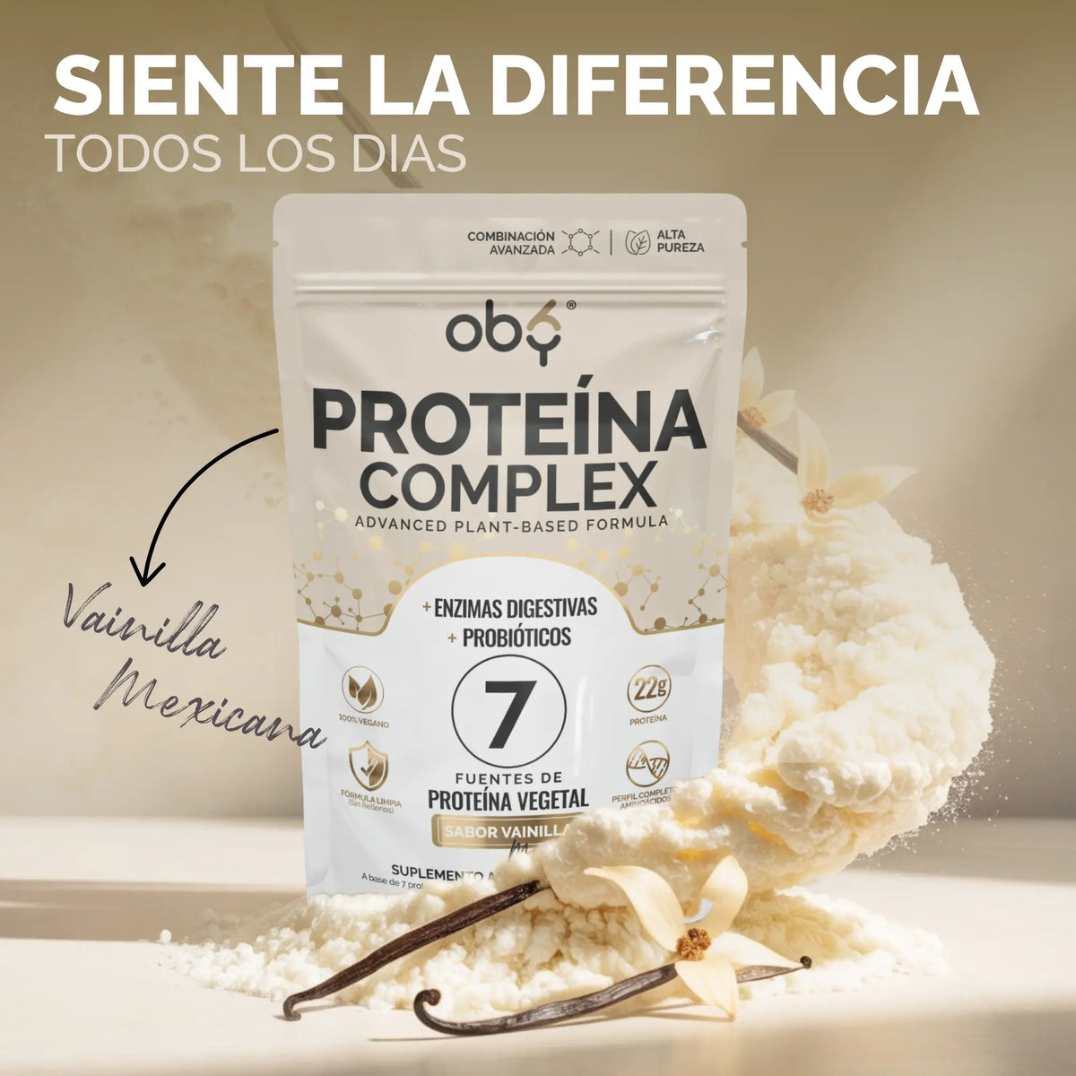 Proteina Complex Vainilla Mexicana | 7 Fuentes vegetales + Probioticos + Enzimas | Alta Absorción y Digestión Ligera Sin Lácteos | Polvo Vegana oby.mx