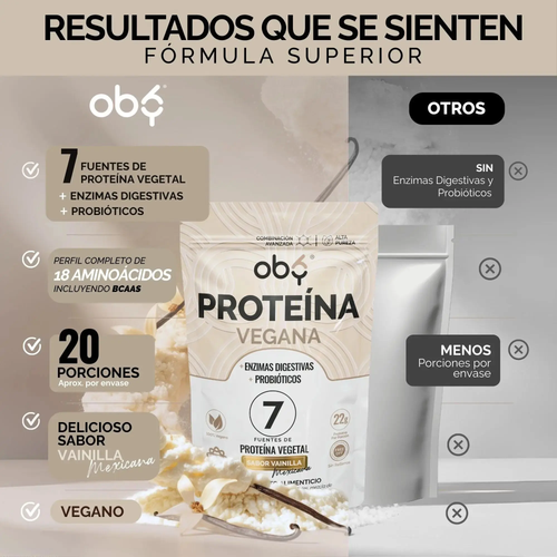 Proteina Complex Vainilla Mexicana | 7 Fuentes vegetales + Probioticos + Enzimas | Alta Absorción y Digestión Ligera Sin Lácteos | Polvo Vegana oby.mx
