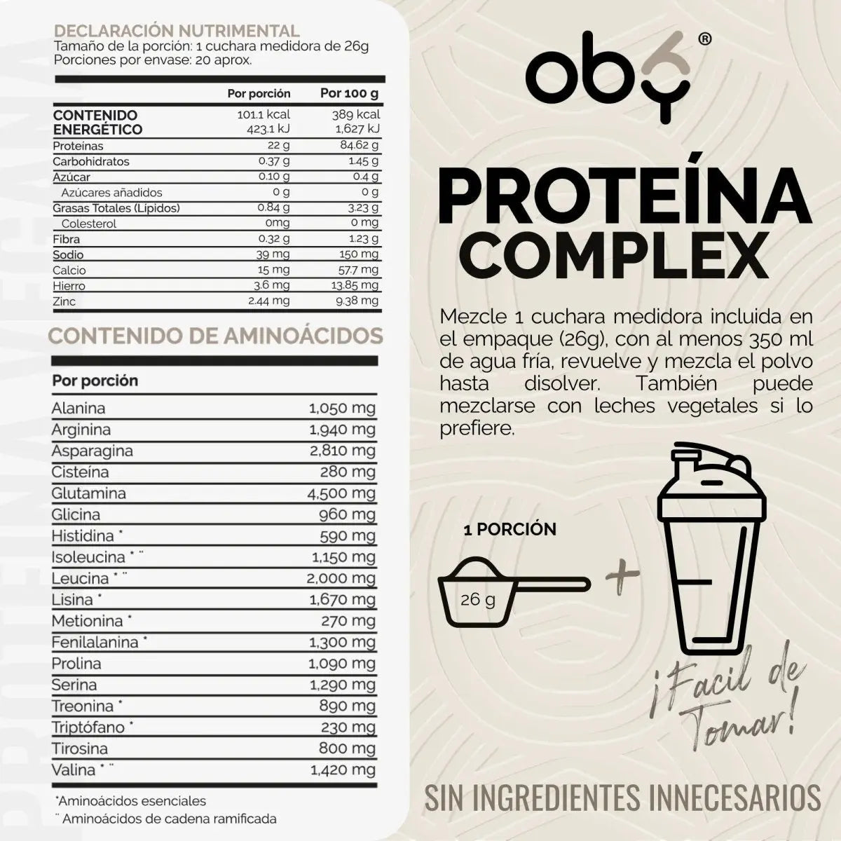 Proteína Vegana con Probióticos Sabor Vainilla 520g oby.mx