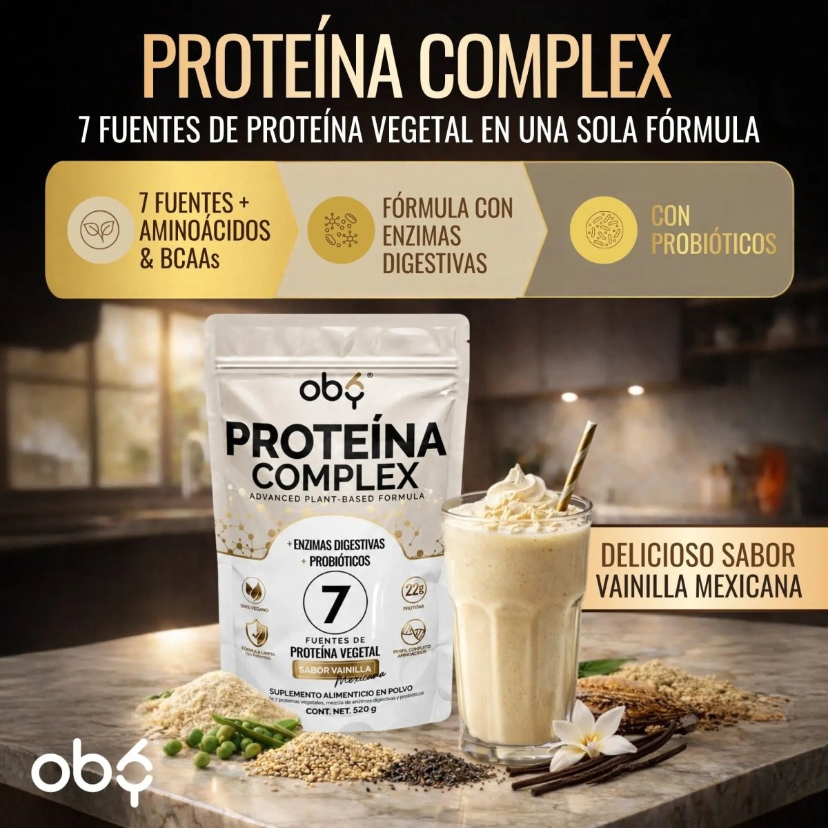 Proteína Vegana con Probióticos Sabor Vainilla 520g oby.mx
