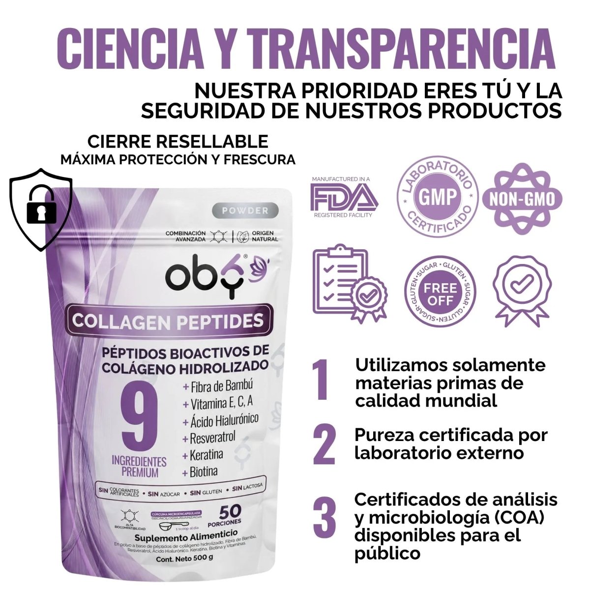Colágeno Hidrolizado con Resveratrol, Biotina y Ácido Hialurónico 50 porciones oby.mx