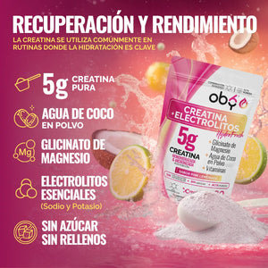 Creatina Monohidratada con Electrolitos | 100% Alta Pureza Micronizada | Glicinato de Magnesio + Vitaminas A, B12, C, D | Suplemento Alimenticio | Oby Pink Lemonade | 30 Porciones oby.mx
