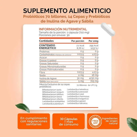 Probioticos 70 Billones de 14 Cepas + Prebioticos Inulina de Agave + Sabila | 30 cápsulas oby.mx