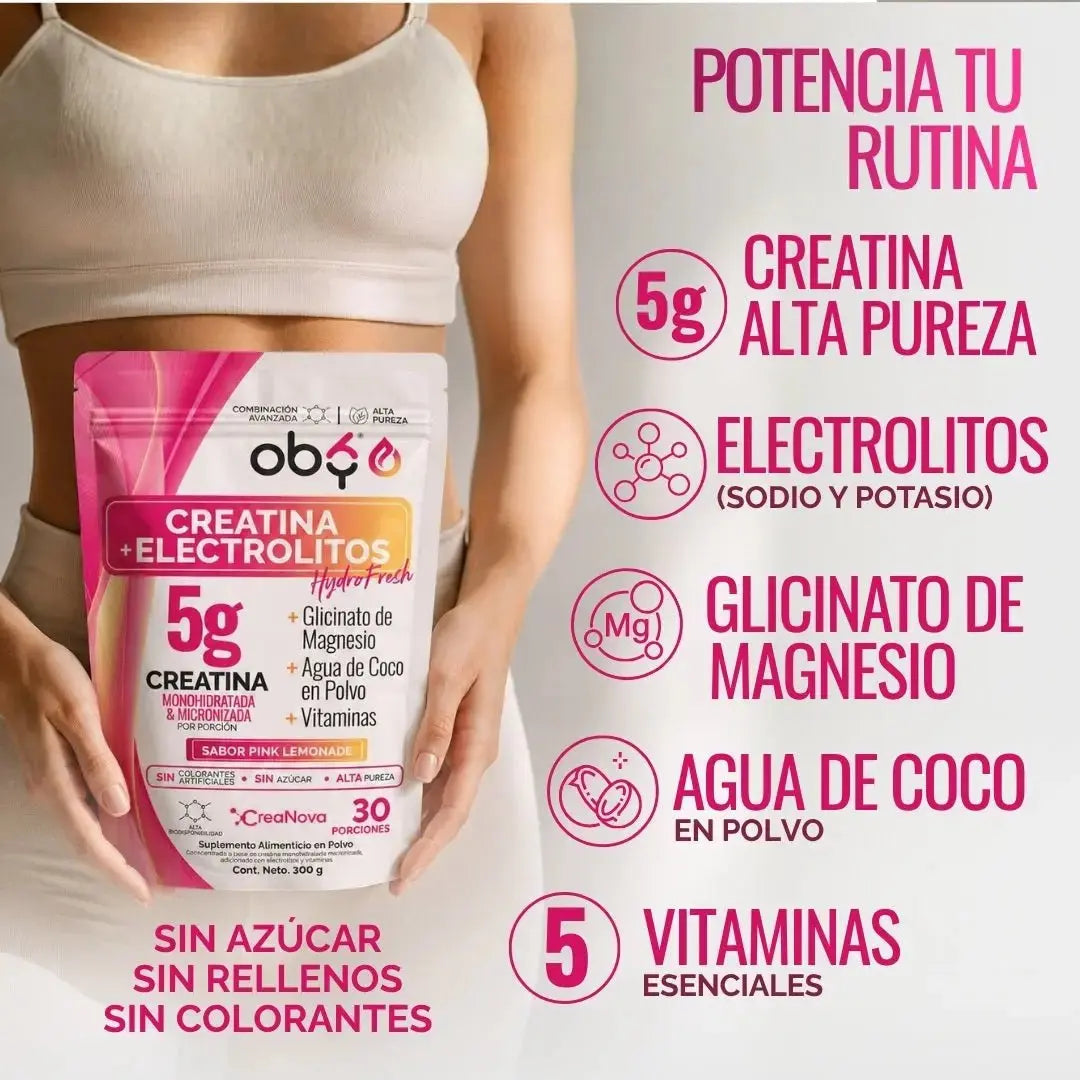 Creatina Monohidratada con Electrolitos | 100% Alta Pureza Micronizada | Glicinato de Magnesio + Vitaminas A, B12, C, D | Suplemento Alimenticio | Oby Pink Lemonade | 30 Porciones oby.mx