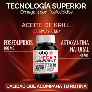 Aceite de Krill Ultra Puro con Astaxantina | Omega 3 EPA y DHA + Fosfolipidos | Sin Sabor y Sin Olor | 60 Softgels oby.mx