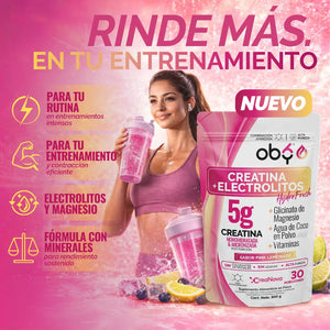 Creatina Monohidratada con Electrolitos | 100% Alta Pureza Micronizada | Glicinato de Magnesio + Vitaminas A, B12, C, D | Suplemento Alimenticio | Oby Pink Lemonade | 30 Porciones oby.mx