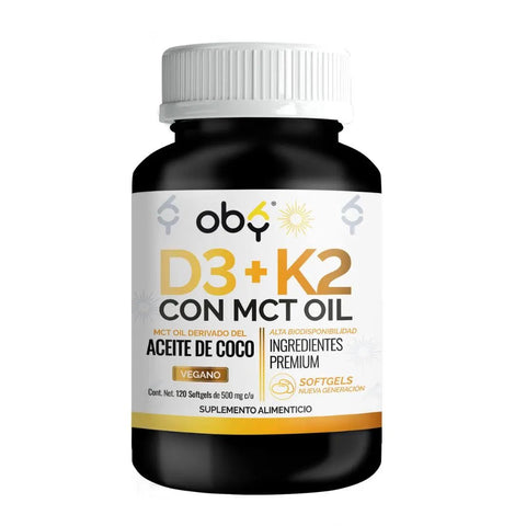 Vitamina D3 + K2 con MCT Oil | 120 Cápsulas (Softgels) oby.mx