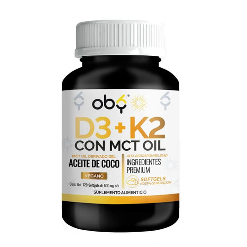 Vitamina D3 + K2 con MCT Oil | 120 Cápsulas (Softgels) oby.mx