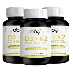 Pack de 3 frascos: OBY Vitamina D3 + K2 con MCT Oil | 120 Softgels Fast Bundle