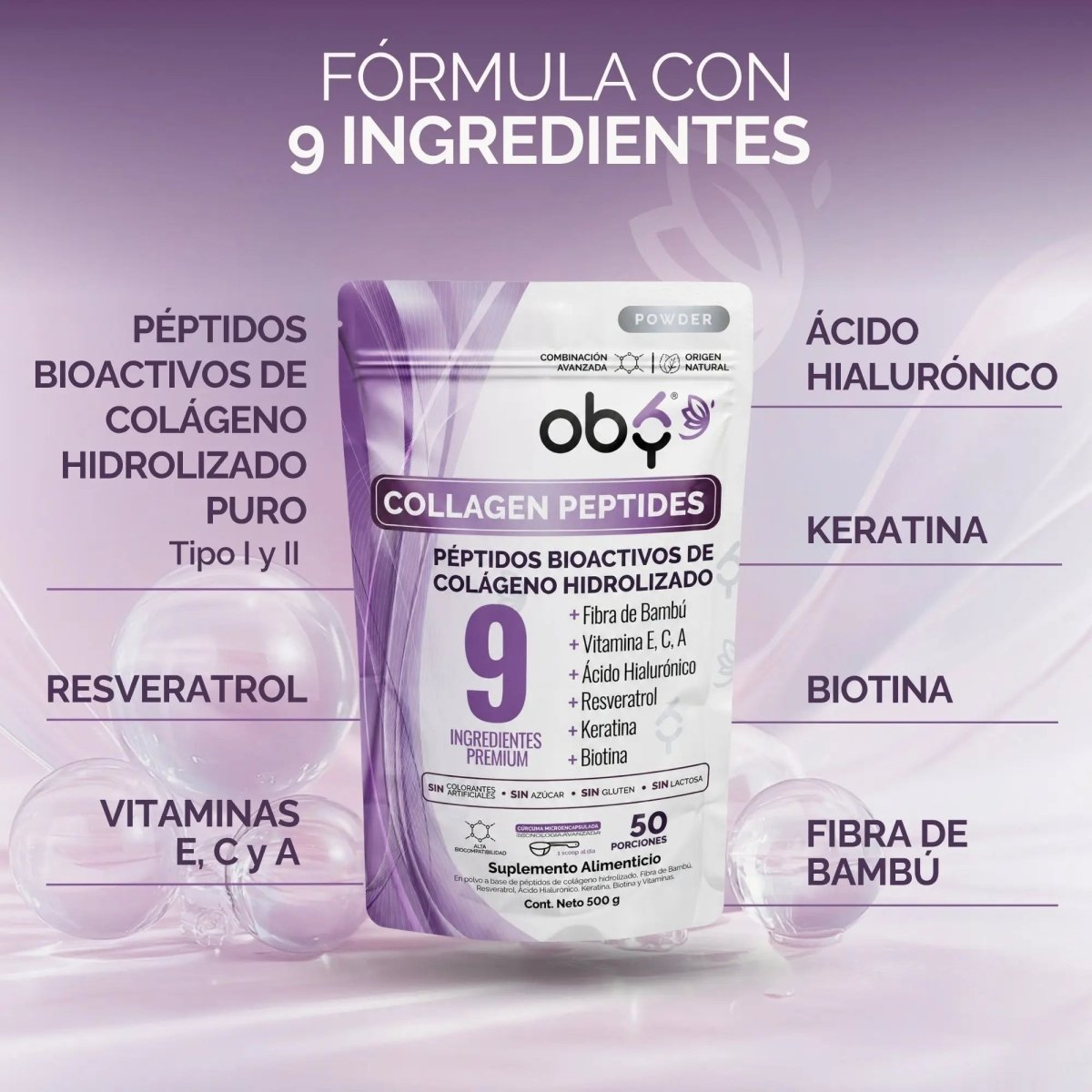 Colágeno Hidrolizado con Resveratrol, Biotina y Ácido Hialurónico 50 porciones oby.mx