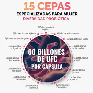 Probióticos Mujer 60 Billones 15 Cepas 60 cápsulas oby.mx
