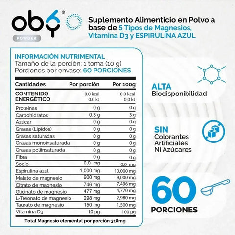 Oby Multi Magnesio Polvo 5X Complete Blue 600 gr | 5 tipos de Magnesios + Espirulina azul | Citrato y Glicinato oby.mx