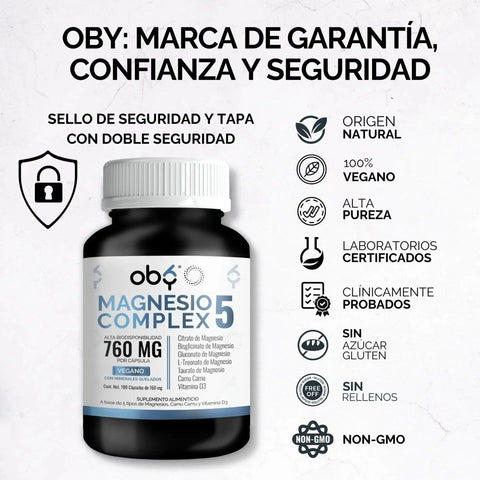 Oby 5 Magnesio Complex 180 capsulas 760mg oby.mx