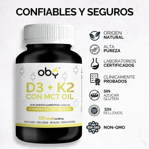 OBY Vitamina D3 + K2 con MCT Oil | 120 Cápsulas (Softgels) oby.mx