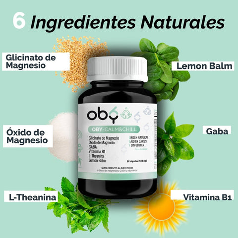 OBY CALM Magnesios - Glicinato de Magnesio, GABA, L-Teanina, Lemon Balm, Vitamina B1