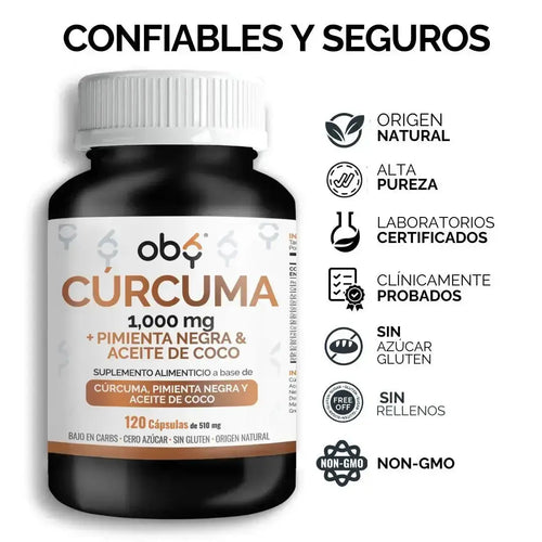 OBY Curcuma 1000 mg | Con Pimienta Negra y Aceite de Coco | 120 Cápsulas oby.mx