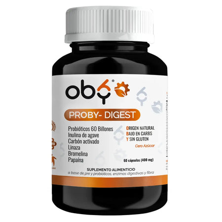 Proby Digest | 60 billones Probioticos y Prebioticos inulina Agave, Enzimas, Fibra, Carbon Activado | 60 Cápsulas oby.mx