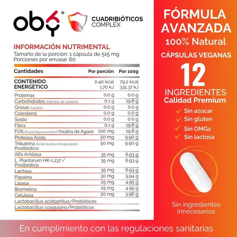*Enzimas Digestivas con Prebióticos, Probióticos y Postbióticos (60 cápsulas) oby.mx