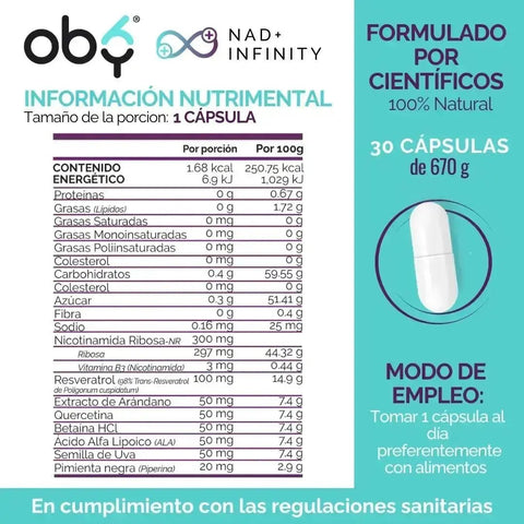 OBY NAD+ Infinity | Potenciado 8 Ingredientes: Nicotinamida Ribosa, Resveratrol | 100% Vegano | 90 caps  ̶ ̶2̶,̶6̶9̶7̶ oby.mx