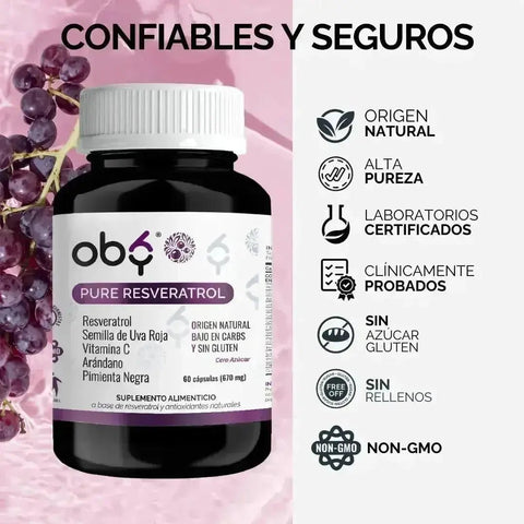 OBY Pure Resveratrol con Antioxidantes: Semilla de Uva, Vitamina C, Arándano y Pimienta Negra | 120 caps $̶5̶4̶9̶.̶0̶0̶ oby.mx