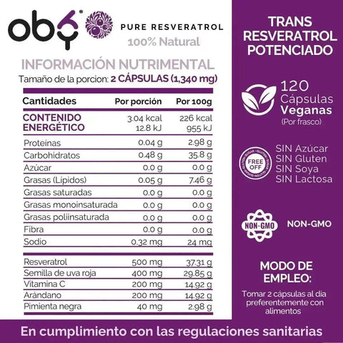OBY Pure Resveratrol con Antioxidantes: Semilla de Uva, Vitamina C, Arándano y Pimienta Negra | 120 caps $̶5̶4̶9̶.̶0̶0̶ oby.mx