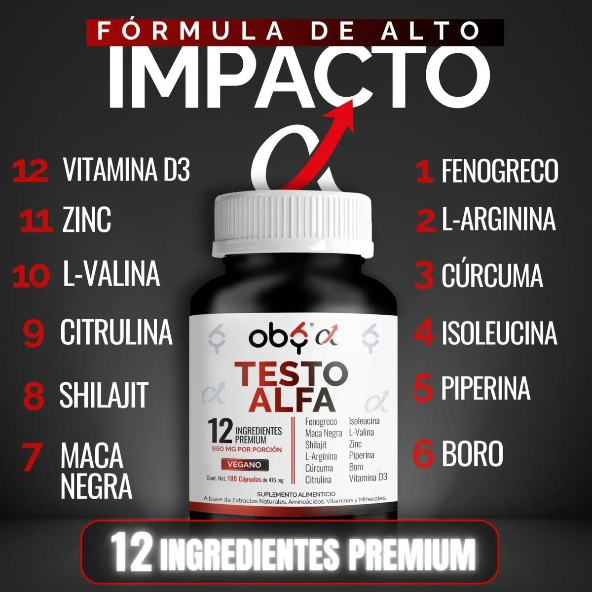 OBY Testo Alfa | Vitaminas hombre con 12 ingredientes | 180 cápsulas oby.mx