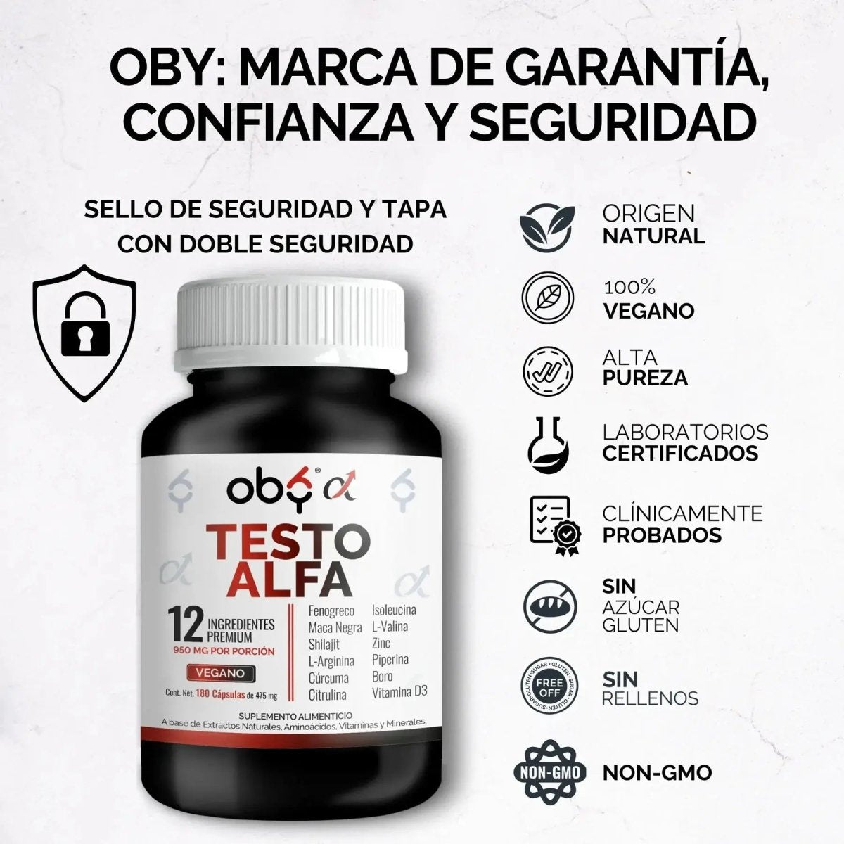 OBY Testo Alfa | Vitaminas hombre con 12 ingredientes | 180 cápsulas oby.mx