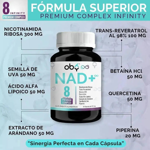 OBY NAD+ Infinity | Potenciado 8 Ingredientes: Nicotinamida Ribosa, Resveratrol | 100% Vegano | 90 caps  ̶ ̶2̶,̶6̶9̶7̶ oby.mx