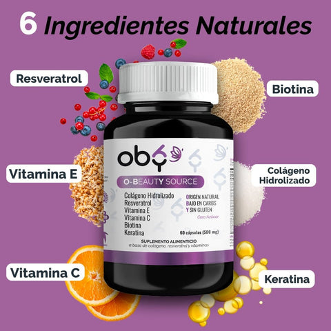 Biotina, Keratina, Colageno hidrolizado, Resveratrol, Vitamina E y C | Oby Beauty