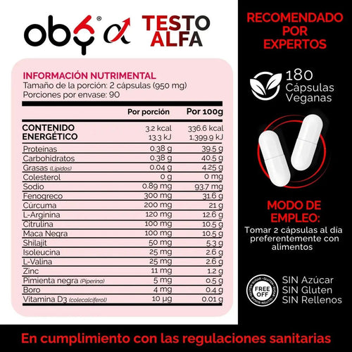 OBY Testo Alfa | Vitaminas hombre con 12 ingredientes | 180 cápsulas oby.mx