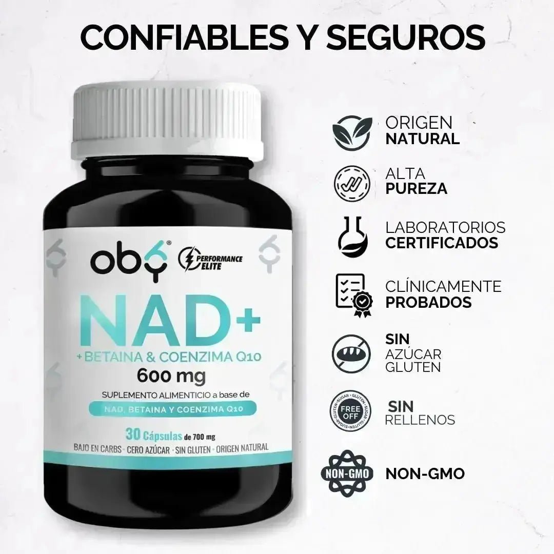 OBY NAD+ | NAD Potenciado Betaina y Coenzima Q10 (CoQ10) | NR Nicotinamida Ribosa | Frasco de 60 cápsulas oby.mx