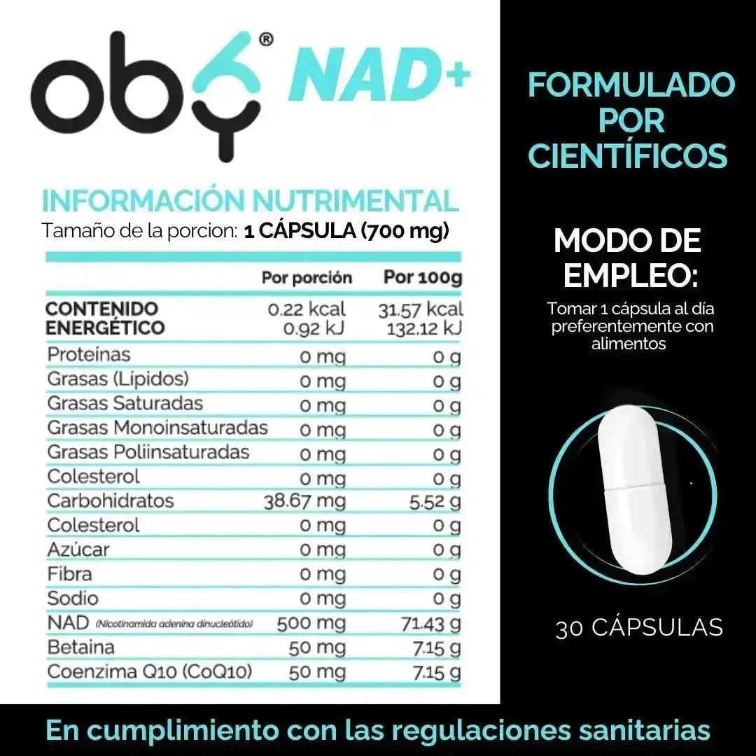 OBY NAD+ | NAD Potenciado Betaina y Coenzima Q10 (CoQ10) | NR Nicotinamida Ribosa | Frasco de 60 cápsulas oby.mx
