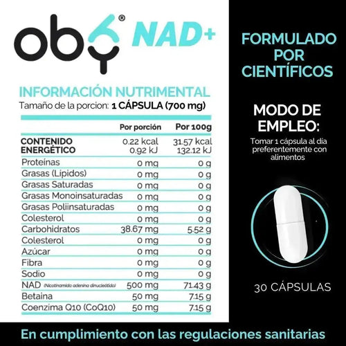 OBY NAD+ | NAD Potenciado Betaina y Coenzima Q10 (CoQ10) | NR Nicotinamida Ribosa | Frasco de 60 cápsulas oby.mx