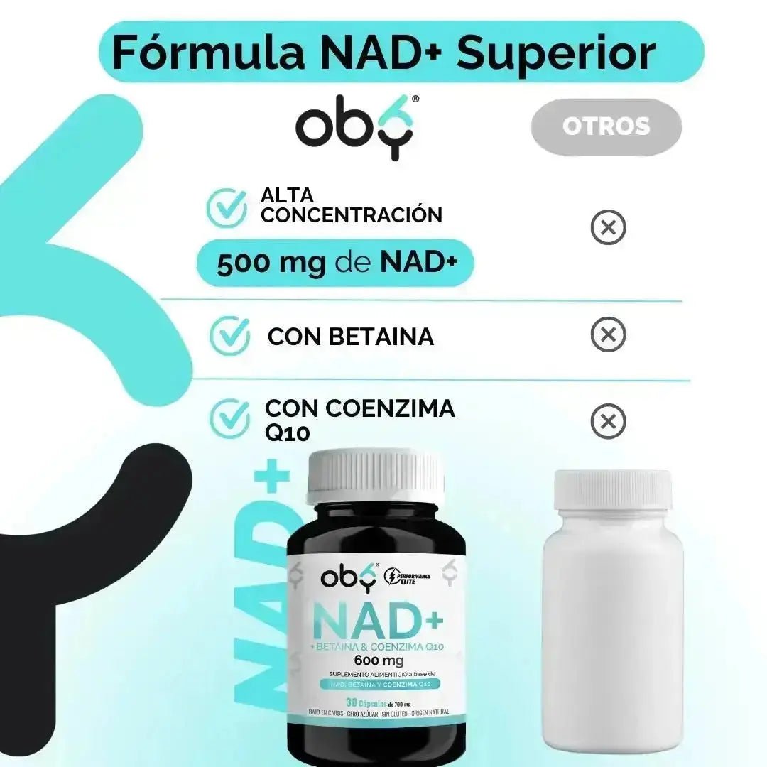 OBY NAD+ | NAD Potenciado Betaina y Coenzima Q10 (CoQ10) | NR Nicotinamida Ribosa | Frasco de 60 cápsulas oby.mx