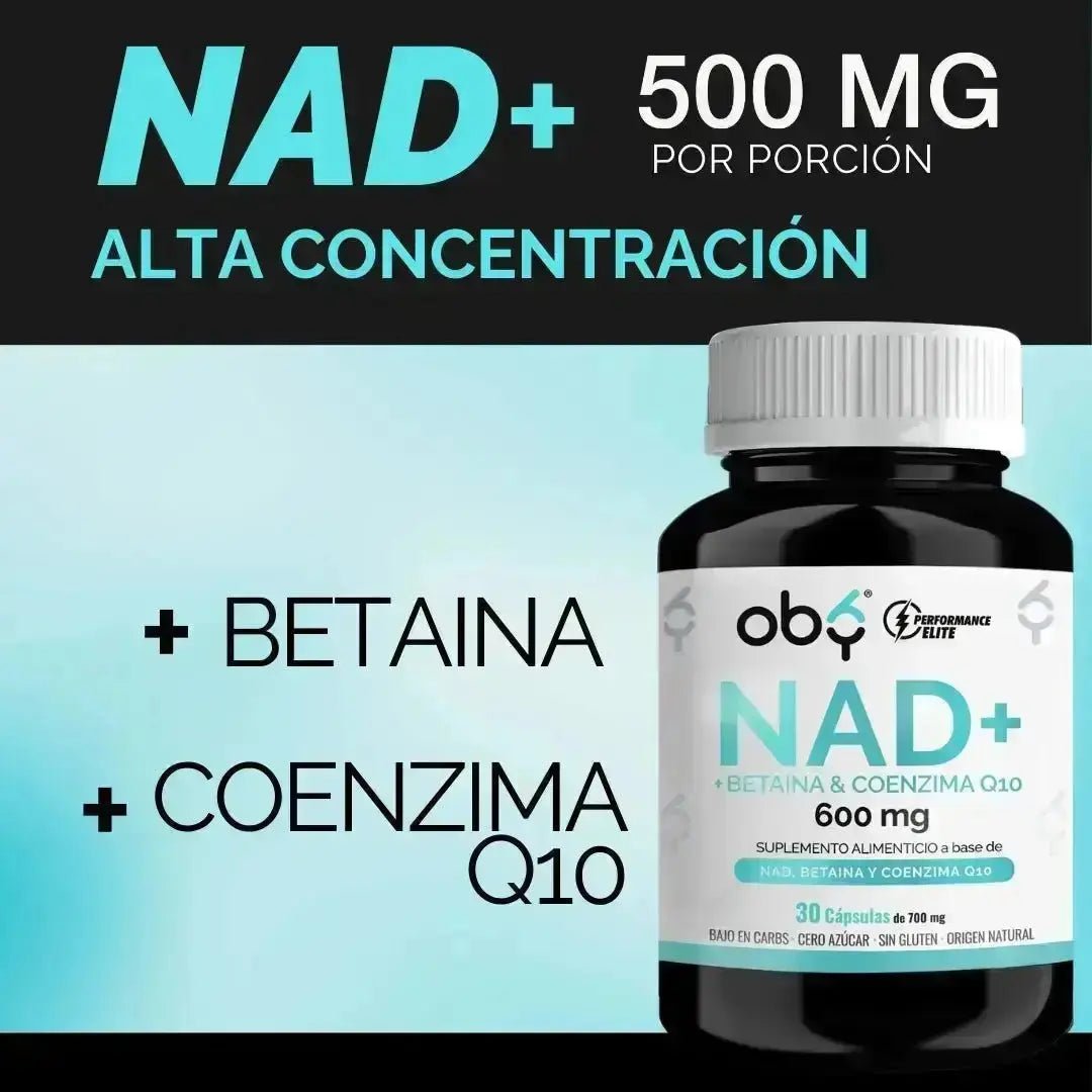 OBY NAD+ | NAD Potenciado Betaina y Coenzima Q10 (CoQ10) | NR Nicotinamida Ribosa | Frasco de 60 cápsulas oby.mx