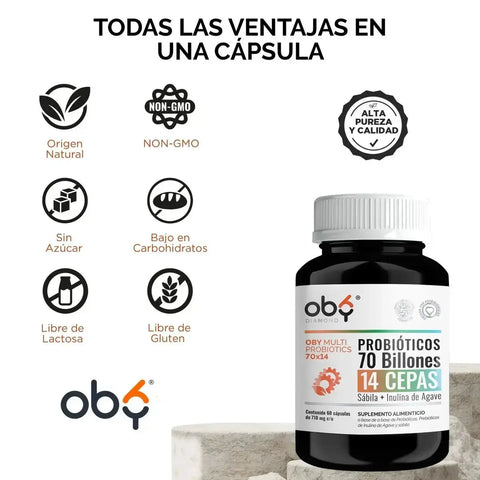 OBY Multi Probioticos 70 Billones de 14 Cepas + Prebioticos Inulina de Agave + Sabila oby.mx