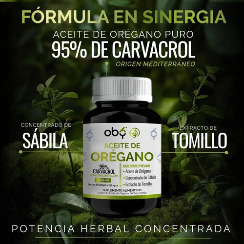 *Aceite de Orégano 95% Carvacrol con Sábila y Tomillo (60 cápsulas) oby.mx