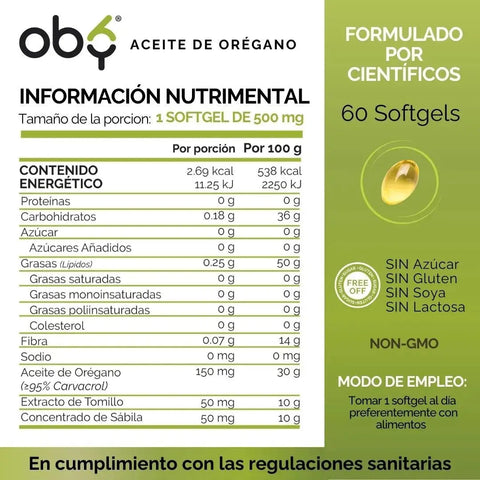 *Aceite de Orégano 95% Carvacrol con Sábila y Tomillo (60 cápsulas) oby.mx