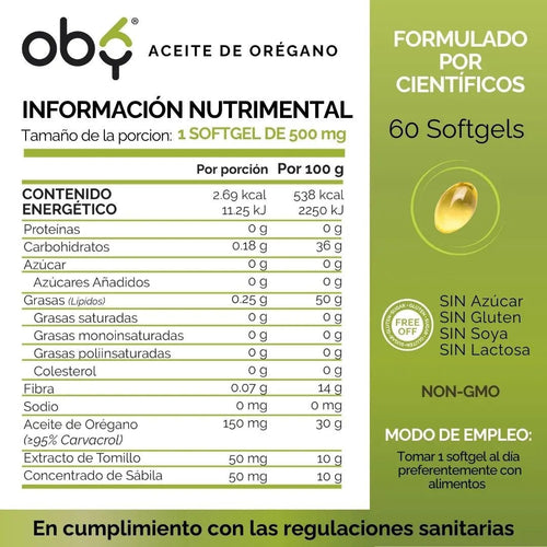 *Aceite de Orégano 95% Carvacrol con Sábila y Tomillo (60 cápsulas) oby.mx