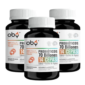 Pack de 3 frascos: OBY Multi Probioticos 70 Billones de 14 Cepas + Prebioticos Inulina de Agave + Sabila Fast Bundle